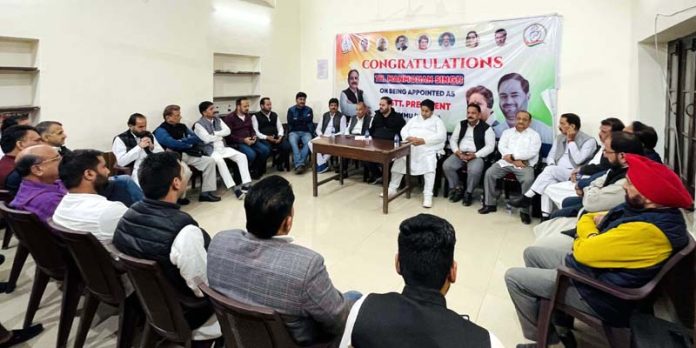 JKPCC president Vikar Rasool Wani and working president Raman Bhalla chairing a meeting of the party leaders at PCC HQ Shaheedi Chowk, Jammu.
