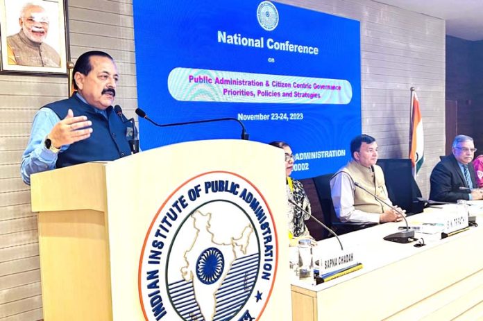 Union Minister Dr. Jitendra Singh addressing the 'National Conference on Public Administration and Citizen Centric Governance: Priorities, Policies and Strategies', organised by the IIPA at New Delhi on Thursday.