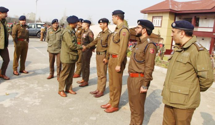 Director General of Police J&K R R Swain interacting with the police officers in Kulgam district on Monday.
