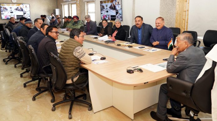 LG Ladakh, Brigadier (Dr) BD Mishra (Retd.) chairing a meeting on Saturday.