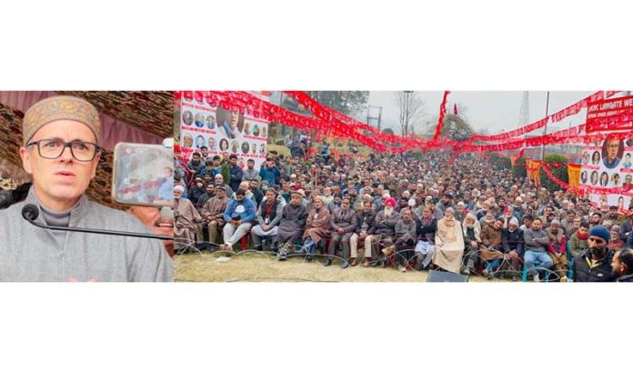Former CM Omar Abdullah addressing a gathering on Sunday. Former CM Omar Abdullah addressing a gathering on Sunday.