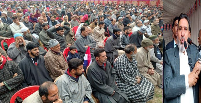 Apni Party president Altaf Bukhari addressing party convention at Khanabal in Anantnag on Saturday.