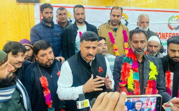 AJKPC president Anil Sharma addressing a day long convention on Thursday.