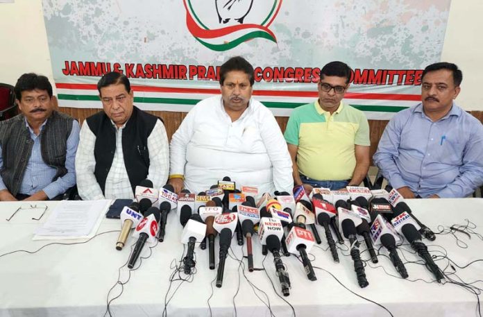 JKPCC working president, Raman Bhalla, flanked by others addressing press conference in Jammu on Thursday. -Excelsior/Rakesh JKPCC working president, Raman Bhalla, flanked by others addressing press conference in Jammu on Thursday. -Excelsior/Rakesh