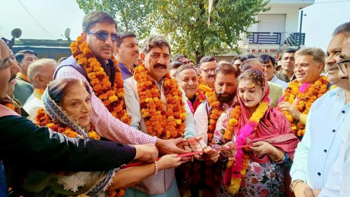 MP Jugal Kishore Sharma and BJP president, Ravinder Raina laying foundation stone of Siot–Kalakote road on Thursday.