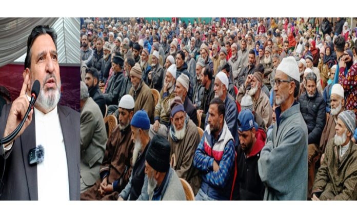 Apni Party president, Altaf Bukhari addressing public rally at Trehgam in Kupwara on Sunday.