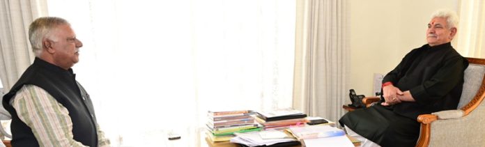 Lt Governor Manoj Sinha meeting with former Minister Sukhnandan Choudhary.