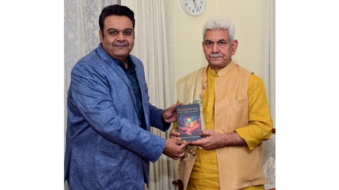 Lt Governor, Manoj Sinha releasing Jawahar Pandit's Ramayana -The Eternal Journey at Raj Bhawan on Thursday.