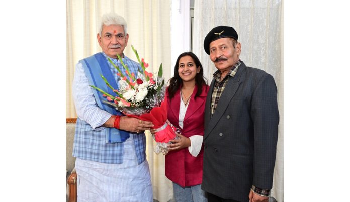 Devinder Singh Kaluria and Riya Kaluria, Chairman and Trustee of General Zorawar Singh Trust meeting with LG Manoj Sinha on Wednesday.
