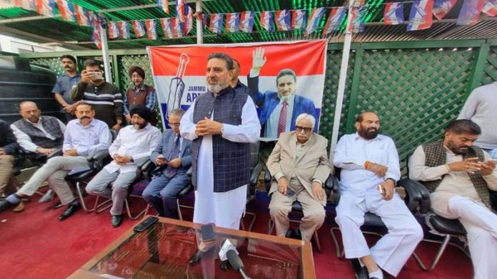 Apni Party president Altaf Bukhari addressing party meeting in Jammu.