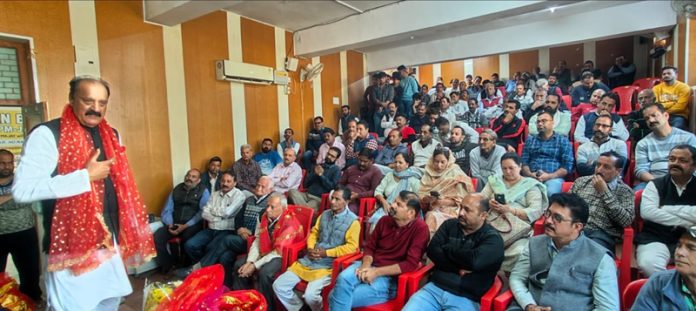 BJP vice president and former Minister Surjit Singh Salathia addressing party activists at Samba on Tuesday.