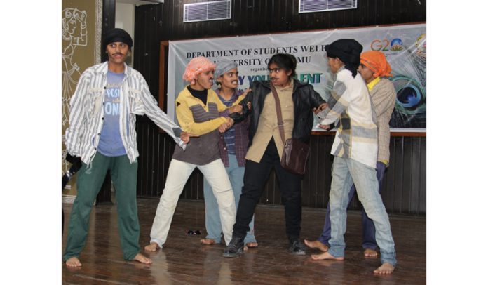 A scene of One Act Play, being presented by a participating team during Display Your Talent at JU on Tuesday. -Excelsior/Rakesh A scene of One Act Play, being presented by a participating team during Display Your Talent at JU on Tuesday. -Excelsior/Rakesh