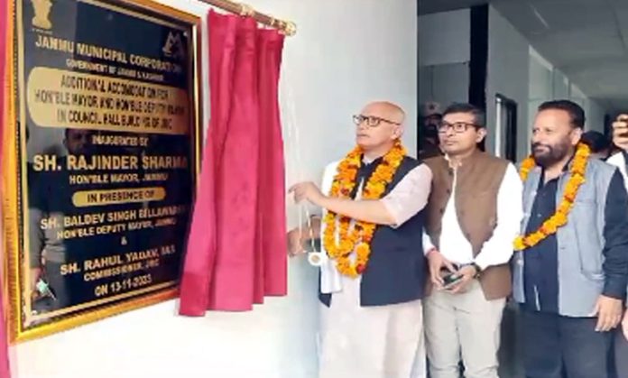 Mayor, Jammu, Rajinder Sharma and Commissioner JMC, Rahul Yadav inaugurating the new office building for Mayor and Deputy Mayor at JMC Complex on Monday. Mayor, Jammu, Rajinder Sharma and Commissioner JMC, Rahul Yadav inaugurating the new office building for Mayor and Deputy Mayor at JMC Complex on Monday.
