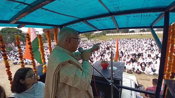 Mayor Jammu, Rajinder Sharma addressing students at Women College Gandhi Nagar on Monday.