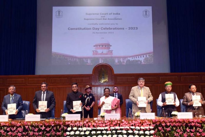 President Droupadi Murmu with Chief Justice of India DY Chandrachud and others during Constitution Day celebrations organised by the Supreme Court of India in New Delhi on Sunday. President Droupadi Murmu with Chief Justice of India DY Chandrachud and others during Constitution Day celebrations organised by the Supreme Court of India in New Delhi on Sunday.