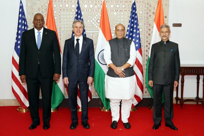 Defence Minister Rajnath Singh, External Affairs Minister S Jaishankar, US Secretary of Defence Lloyd Austin (L) and US Secretary of State Antony Blinken (2nd L) ahead of 5th India-US 2+2 Ministerial Dialogue in New Delhi on Friday. (UNI)