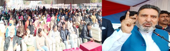 Apni Party president, Altaf Bukhari addressing public rally at Rawalpora in Srinagar.