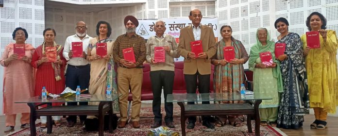 Prominent Dogri writers during unveiling of Nirmal Vikram’s collection of short stories “Lal Diary” in Jammu on Sunday.