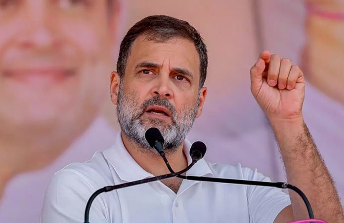 Congress leader Rahul Gandhi addresses a public meeting ahead of Madhya Pradesh assembly elections, in Javad, Neemuch district.