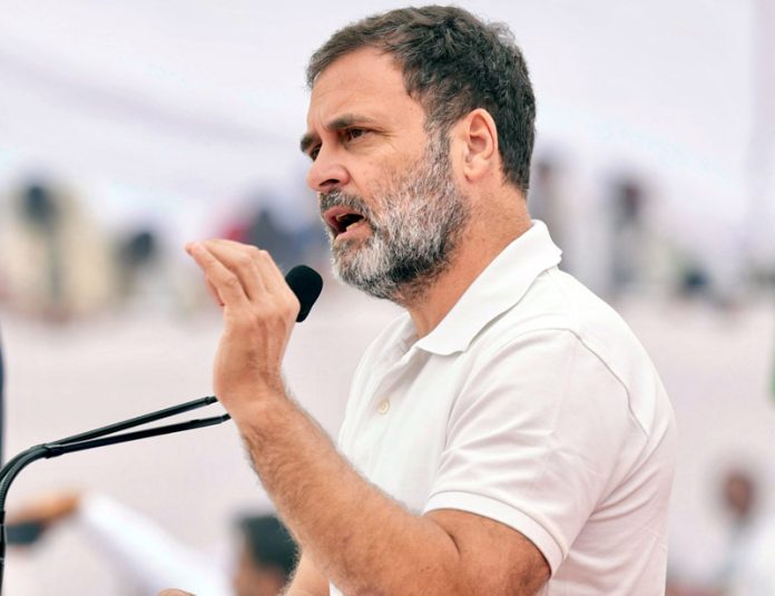 Congress leader Rahul Gandhi addressing an election rally at Taranagar in Churu district of Rajasthan on Thursday. (UNI)