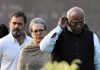 Congress President Mallikarjun Kharge with party leaders Sonia Gandhi and Rahul Gandhi arrives to pay tribute to former prime minister Indira Gandhi on her birth anniversary at Shakti Sthal, in New Delhi on Sunday. (UNI)