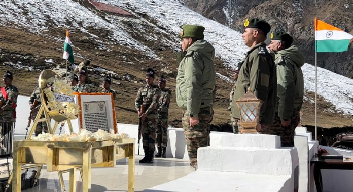 Major General Sachin Malik paying tribute to the heroes of Battle of Zojila on Wednesday. -Excelsior/Basharat Ladakhi Major General Sachin Malik paying tribute to the heroes of Battle of Zojila on Wednesday. -Excelsior/Basharat Ladakhi