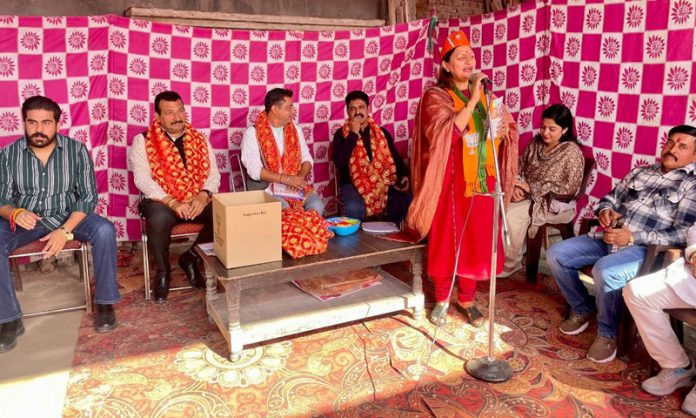 BJP leader, Rekha Mahajan addressing a function at Belicharana in Jammu on Sunday.