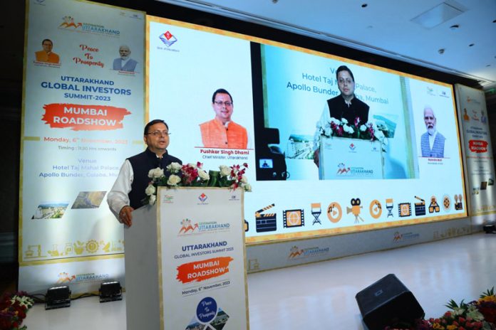 Uttarakhand Chief Minister, Pushkar Singh Dhami addressing during Mumbai Road show on Monday.