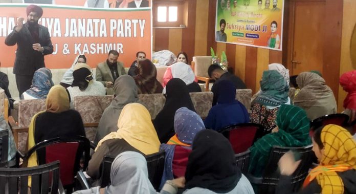 J&K head of BJP Minority Morcha, Ranjodh Singh Nalwa addressing Muslim women during a function in Srinagar.