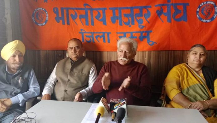 BMS leaders during a press conference at Jammu on Wednesday. -Excelsior/Rakesh