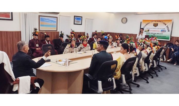 LG Ladakh, Brigadier (Dr) BD Mishra (retired) in a meeting with students from Aryan Valley at New Delhi.