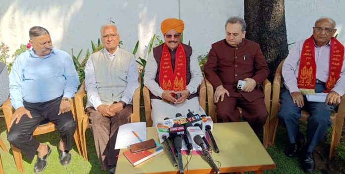 Th Gulchain Singh Charak, president Shri Lakshmi Narayan Mandir Management Trust addressing press conference in Jammu on Monday.