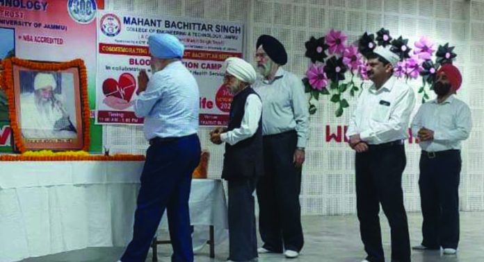 Tribute being paid to Mahant Bachitter Singh at MBSCET during a function in Jammu.