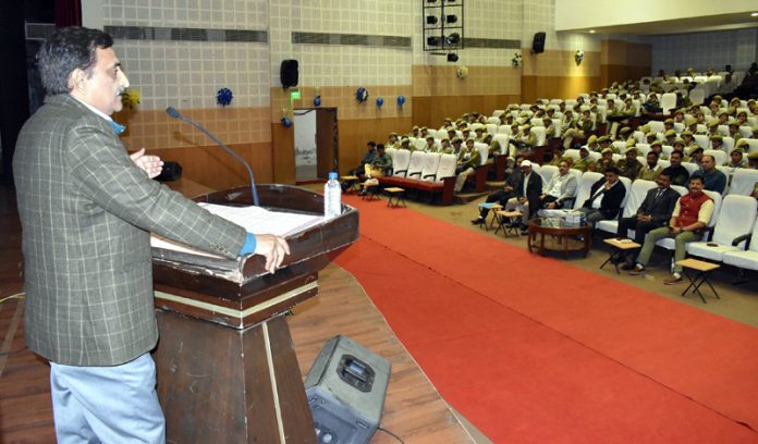 A speaker addressing a gathering of police officers at SKPA Udhampur on Friday.