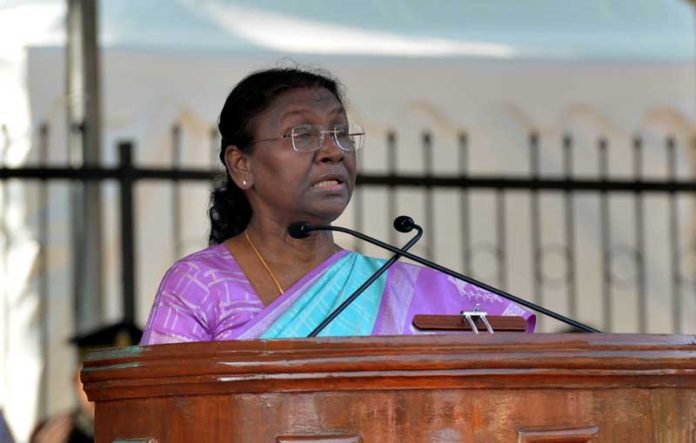 President Droupadi Murmu addressing a gathering after presenting the President’s Colour to Armed Forces Medical College in Pune on Friday. (UNI)