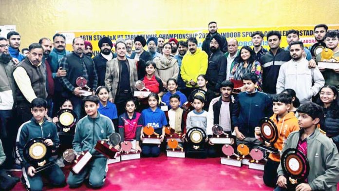 Winners of 46th Stag J&K UT Table Tennis Championships 2023 posing with chief guest on Tuesday at Jammu.