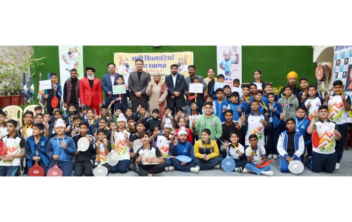 Speedball players posing with dignitaries during 8th State Speedball Championship at Jammu on Tuesday. Speedball players posing with dignitaries during 8th State Speedball Championship at Jammu on Tuesday.