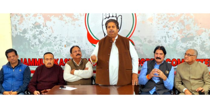 JKPCC working president Raman Bhalla addressing party meeting in Jammu.