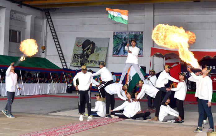 Jawans demonstrating their skills during a performance on the occasion at Frontier Headquarters in Sringar.