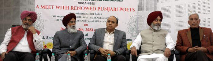 Punjabi poets during a programme organised by JKAACL in Jammu on Monday. Punjabi poets during a programme organised by JKAACL in Jammu on Monday.