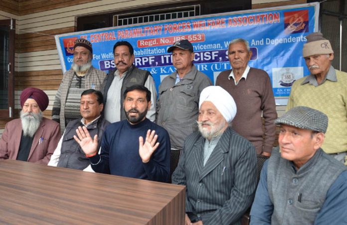 Members of Ex-CPFWA addressing a press conference in Jammu on Monday. Members of Ex-CPFWA addressing a press conference in Jammu on Monday.