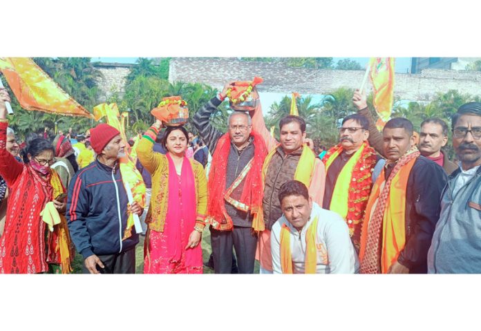 A large number of devotees participating in Ram Jhanki taken out in Jammu on Monday.