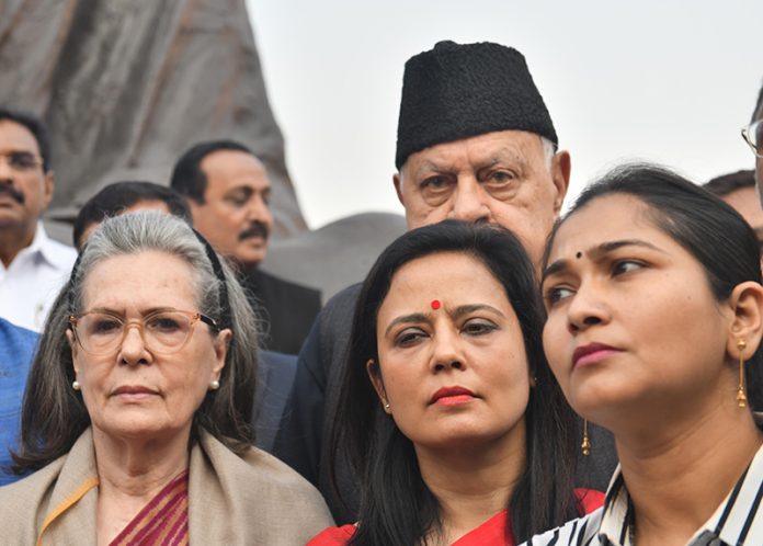 TMC leader Mahua Moitra with Congress leader Sonia Gandhi and others in front of the Gandhi statue after she was expelled from the Lok Sabha in New Delhi on Friday. (UNI) TMC leader Mahua Moitra with Congress leader Sonia Gandhi and others in front of the Gandhi statue after she was expelled from the Lok Sabha in New Delhi on Friday. (UNI)