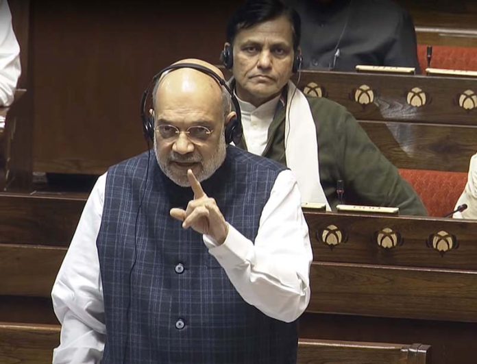 Union Home Minister Amit Shah speaks in the Rajya Sabha on Monday. Union Home Minister Amit Shah speaks in the Rajya Sabha on Monday.