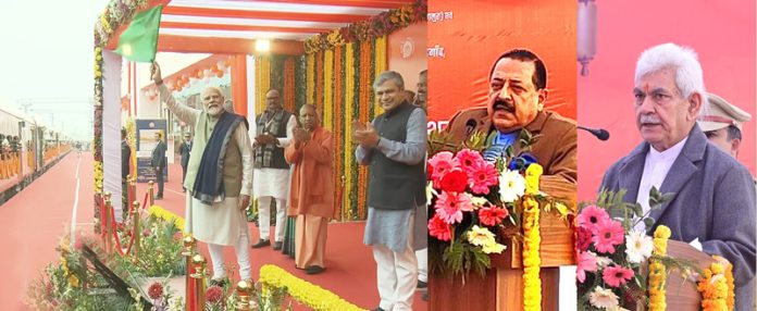 PM Narendra Modi flags off Vande Bharat between Delhi-Katra and other stations virtually from Ayodhya while Dr Jitendra Singh & Manoj Sinha attend a function at Katra on Saturday. PM Narendra Modi flags off Vande Bharat between Delhi-Katra and other stations virtually from Ayodhya while Dr Jitendra Singh & Manoj Sinha attend a function at Katra on Saturday.