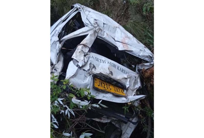 Wreckage of van which met with accident near Chassana on Monday. -Excelsior/Romesh Mengi