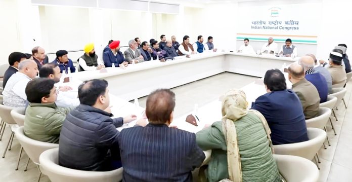 AICC president Mallikarjun Kharge and vice president Rahul Gandhi during a meeting with senior JKPCC leaders in Delhi on Tuesday.