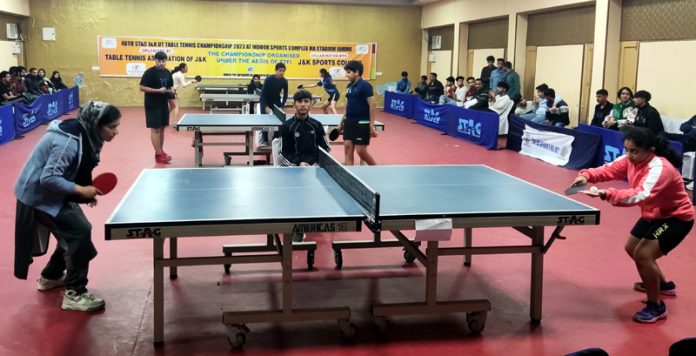 Girls in action during 46th Stag J&K UT Table Tennis Championship on Monday. -Excelsior/Rakesh