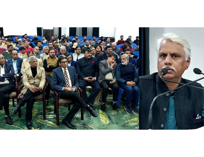 Pushpendra Kulshresht a well known speaker addressing a function at Jammu on Sunday.