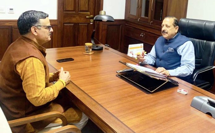 Former JMC councillor and senior BJP leader, Sanjay Kumar Baru during a meeting with Union Minister, Dr Jitendra Singh at New Delhi on Wednesday . Former JMC councillor and senior BJP leader, Sanjay Kumar Baru during a meeting with Union Minister, Dr Jitendra Singh at New Delhi on Wednesday .